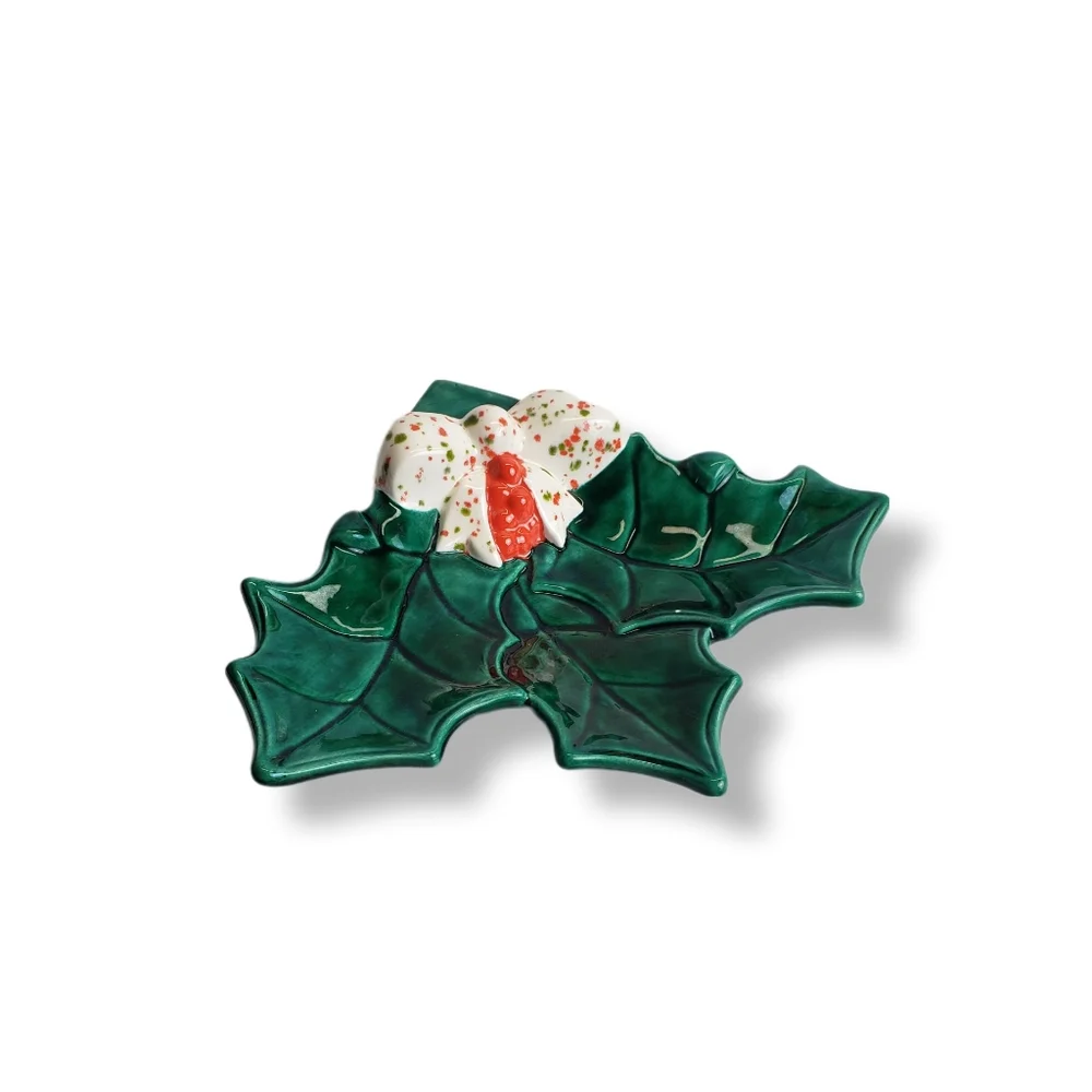 Vintage Glazed Christmas Holly And Berries Candy Dish